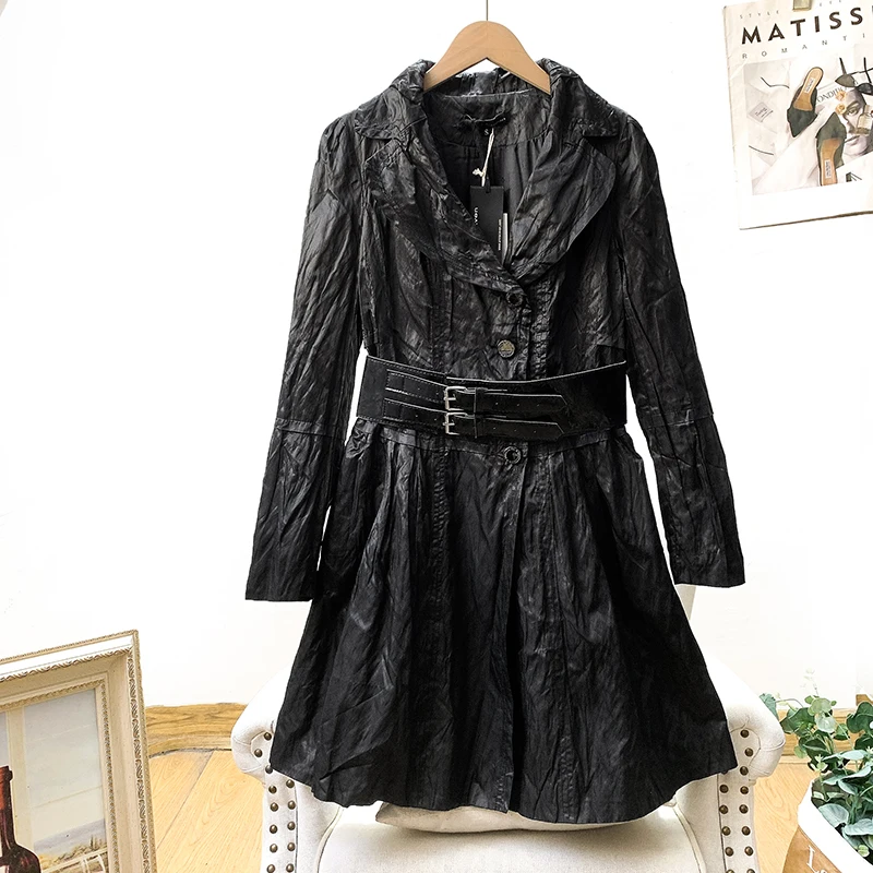Glossy Biker Vintage Casual Long Coat Women Spring Autumn Soft Stylish Commute Polyester  Regular Sleeve Length