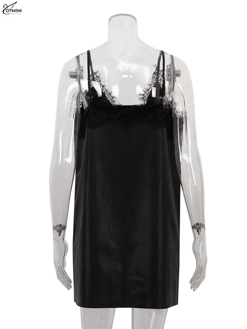 Oymimi élégant noir Pu robes en cuir 2025 femme mode Spaghetti sangle dentelle dos ouvert robes décontracté droite Mini robe