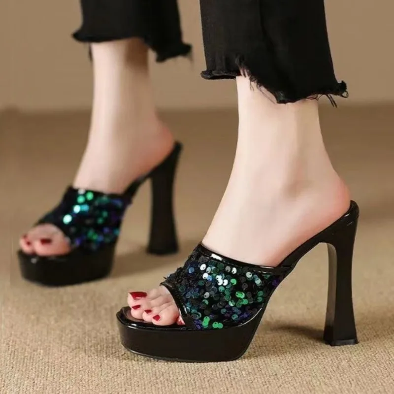 Women High Heels Slippers Designer Fish Mouth Slippers Luxury Rhinestones High Heeled Slippers for Women Pumps Summer Flip Flops