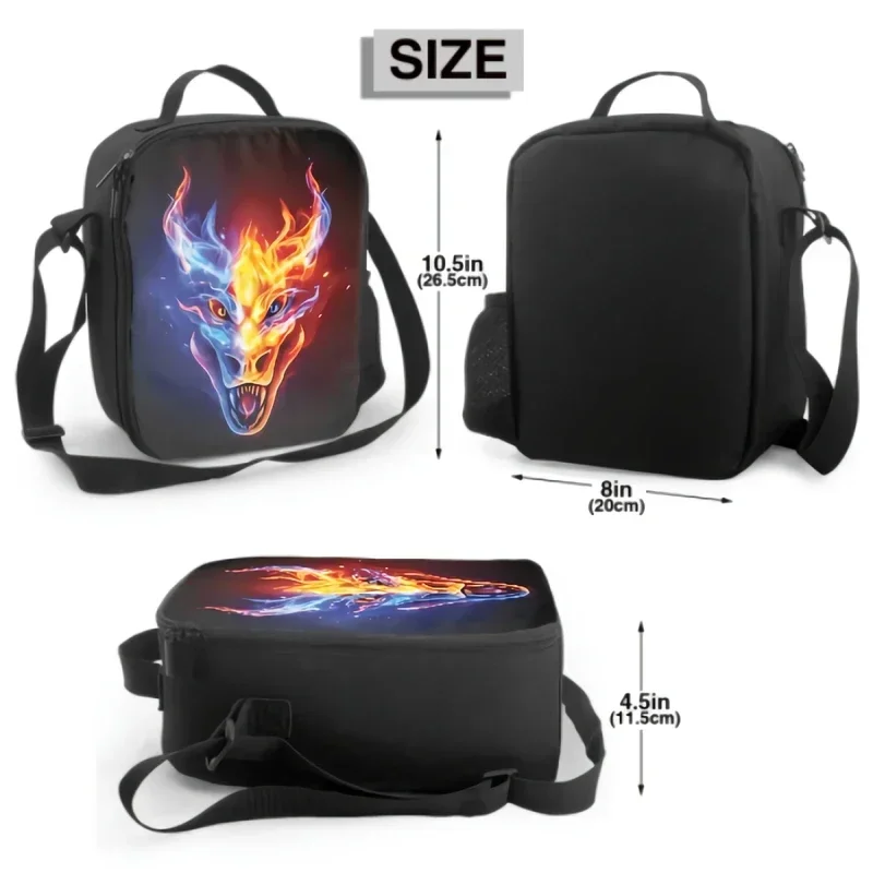 3D Fire Dragon Head In Blue And Red Flame Insulated Lunch Box Cooler Bag Food Container for Boys Girls School Travel Picnic