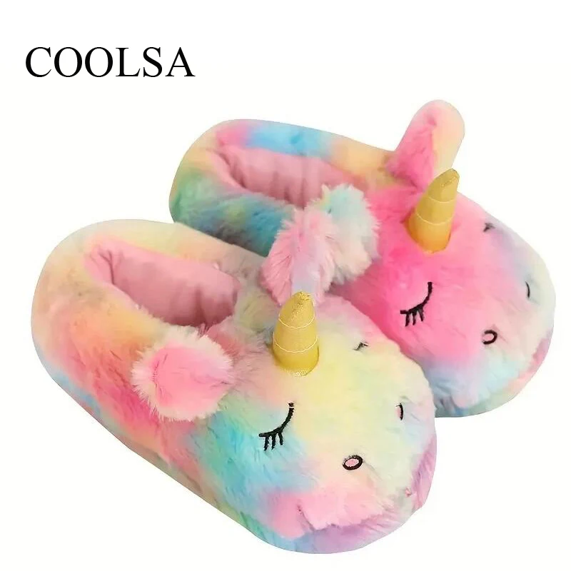 COOLSA Women Indoor Cartoon Unicorn Slippers House Candy Color Cute Warm Plush Slides Holiday Surprised Shoes