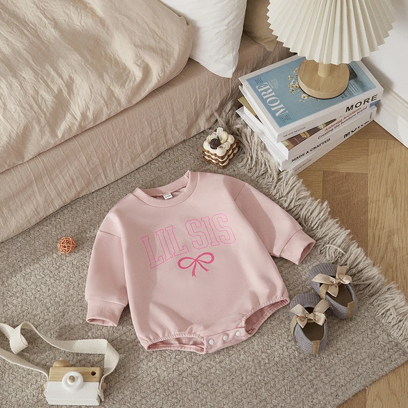 

Listenwind Baby Girls Spring Sweatshirt Romper, Long Sleeve Crew Neck Letters Bow Print Bodysuit Clothes for Casual Daily