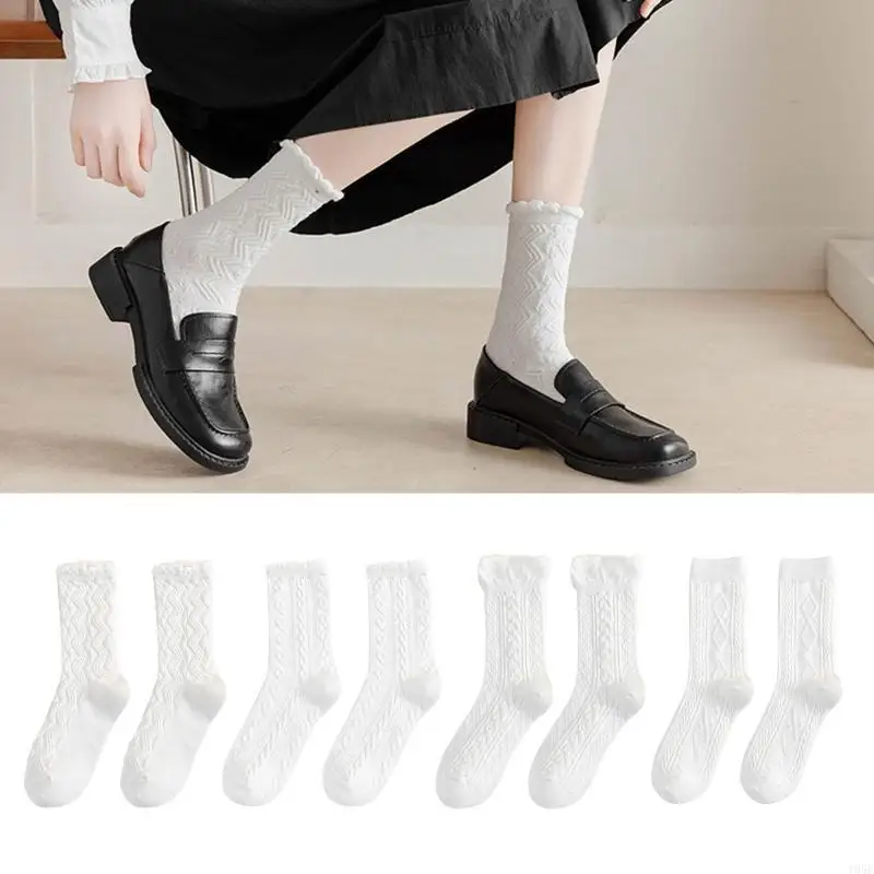 195E damskie japońskie studenckie plisowane wykończone falbankami środkowe rurki załogi skarpetki eleganckie skręcone wzór