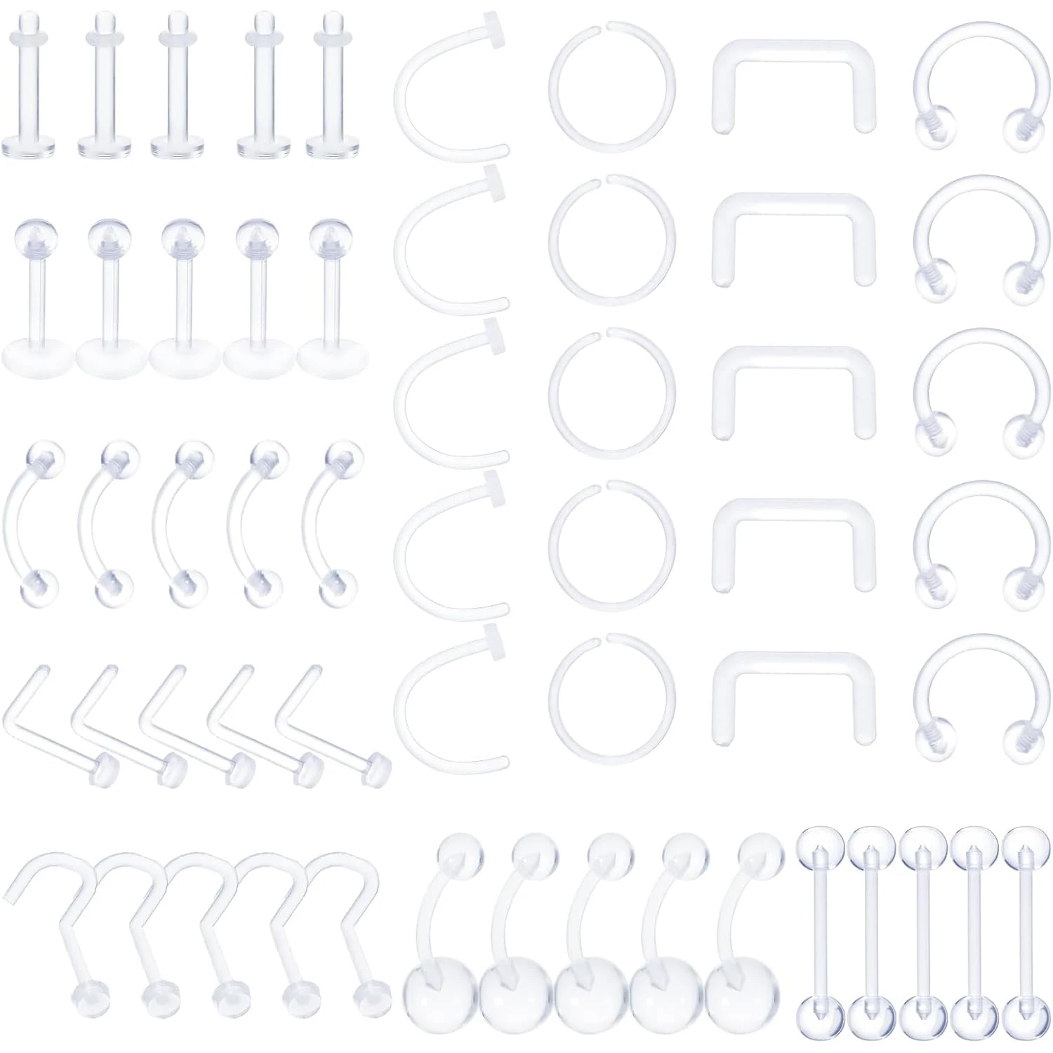 55PCS Clear Acrylic Piercing Jewelry Set Nose Studs Hoops Eyebrow Belly Rings Septum Retainers Lip Ring Tongue Rings Mixed Sizes