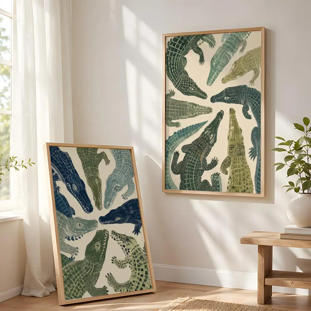 Crocodile Alligator Blue Green Reptile Painting Calligraphy Canvas Poster Art for Bedroom Living Room Home Decor Decals Gift