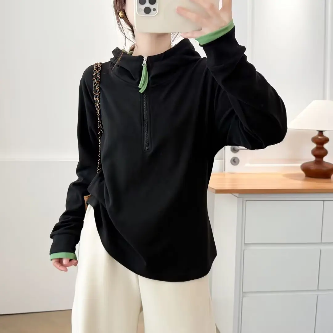 XXXXL Fashion Plus Size Damen-Kapuzenpullover 2025, Herbst-Winter, farbblockierter Reißverschluss, halboffen, langärmeliges Sweatshirt mit Kapuze 2583