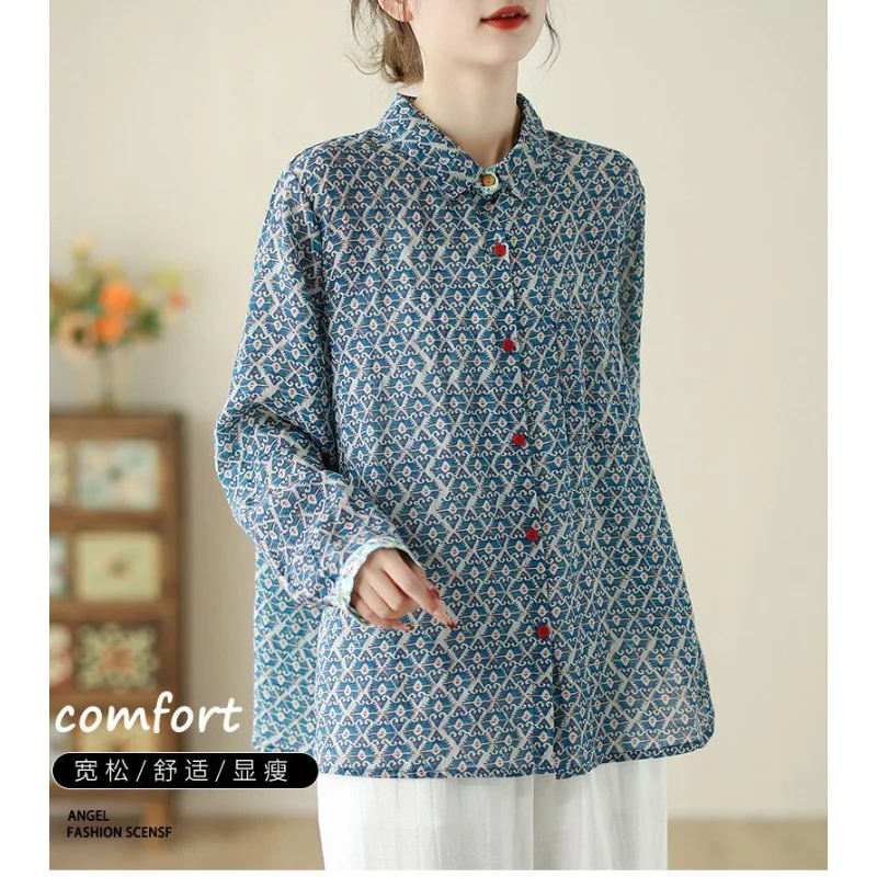 Retro Women's New Stitched POLO Collar Button Print Fashion Loose Versatile Casual Long Sleeve Shirts