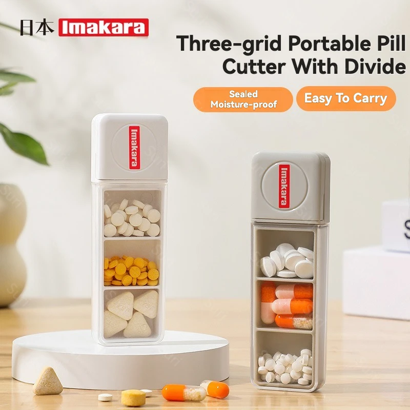 

3 in 1 Portable Pill Cutter and Organizer Case with Stainless Steel Blade 3 Compartment Medicine Box Moisture Proof Storage