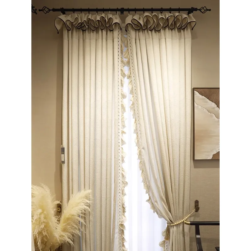 French Fashion Cream Relief Embroidery Lace Luxury Curtains for Living Room Bedroom Dining Blackout Bow Tie European White Tulle