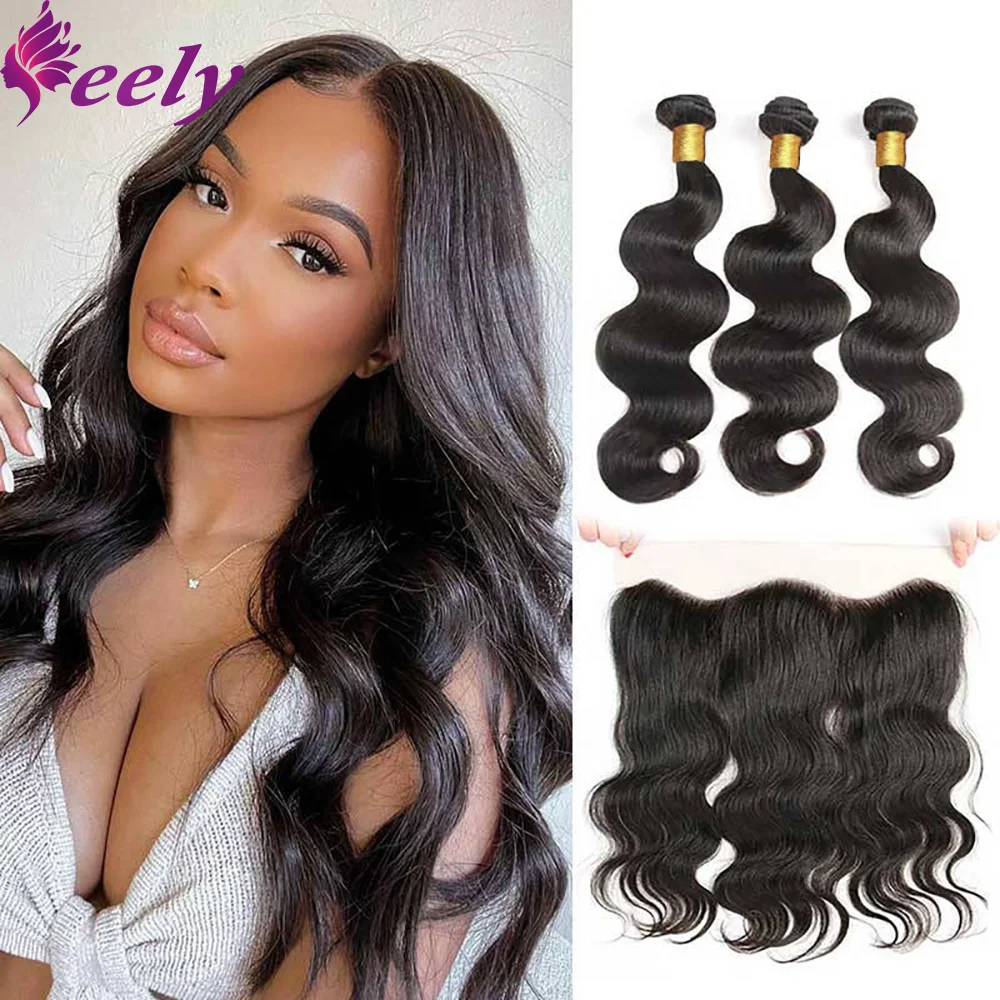 Human Hair Bundles With Closure Body Wave Weave Extensions Brazilian Hair Frontal 13x4 Lace Natural Black Human Hair 3 Bundles