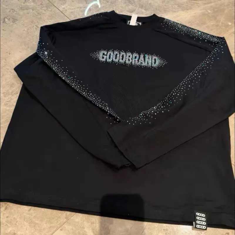 Men Women Black GOODBRAND Long Sleeve Starry Sky Shining Crescent Moon Hotfix Rhinestone Letter Round Neck Raglan Sleeve Tshirts