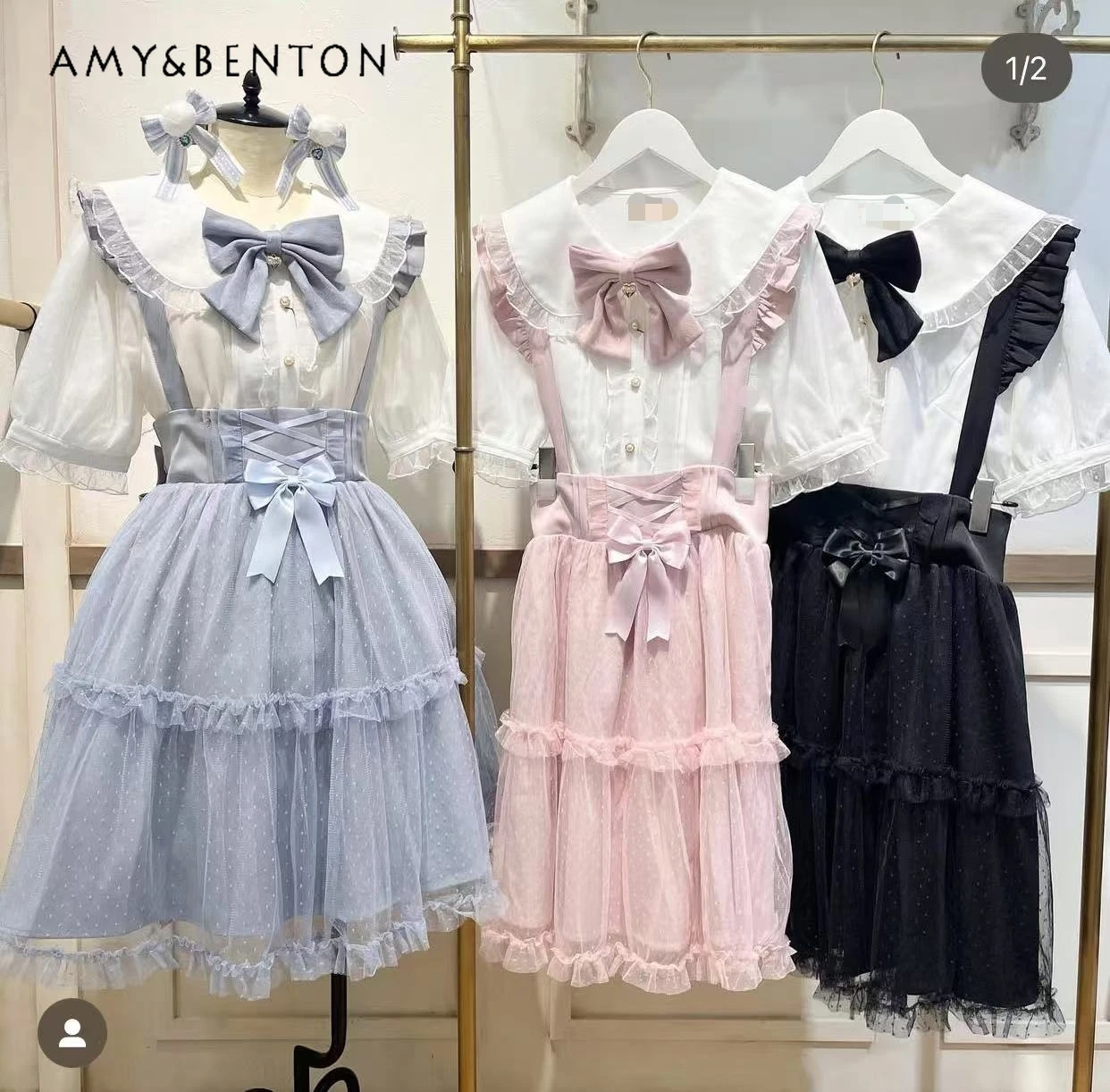 

Japanese Sweet Cute Lace Rabbit Ear Sailor Collar Short Sleeve Top + Lace Strap Mesh Skirt Two-piece Set Kawaii Lolita Sets