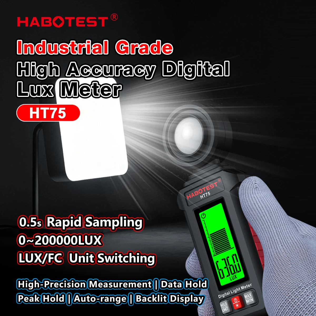 HT75 Portable Digital Lux Meter 0~200000Lux LUX/FC Unit Switching Digital Illuminance Meter High Accuracy Pocket Luxmeter