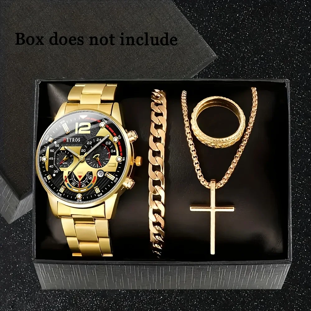 4pcs-Men's Fashion Set, Casual Quartz Watch with Calendar, Cross Pendant Necklace, Ring and Bracelet - Perfect Gift for Him
