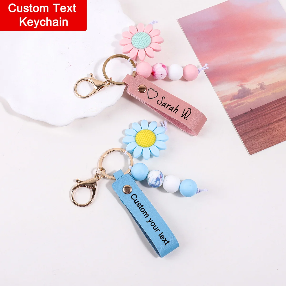 

Sunflower Pendant Custom Text Keychain Personalized Name PU Leather Key Ring Laser Engraving Gift Customized Text Key Chain
