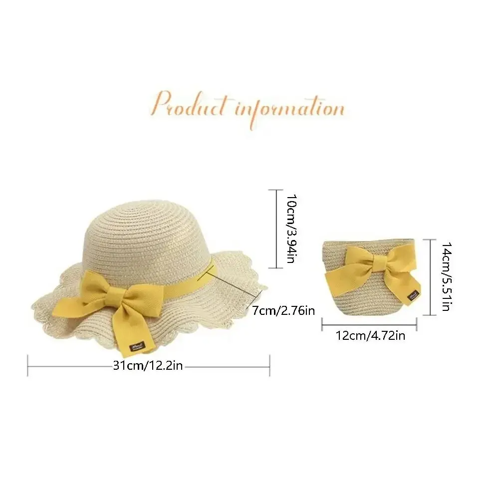 Children Straw Hat and Shoulder Bag Girls Summer Outdoor Beach Cap Cute Bow Travel Beach Sun Hat Crossbody Bag