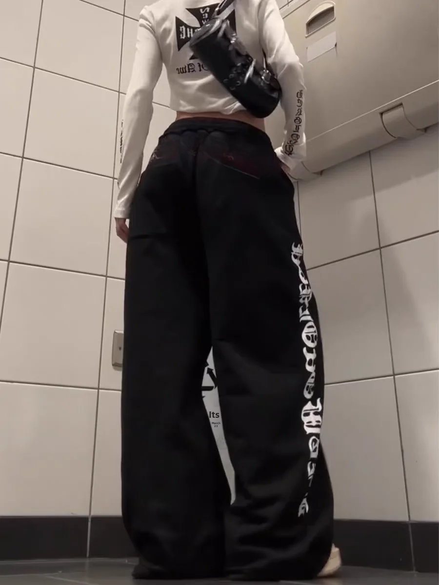 American hiphop carta impressão calças casuais das mulheres de cintura alta retro rua jazz dança perna larga moletom solto ajuste