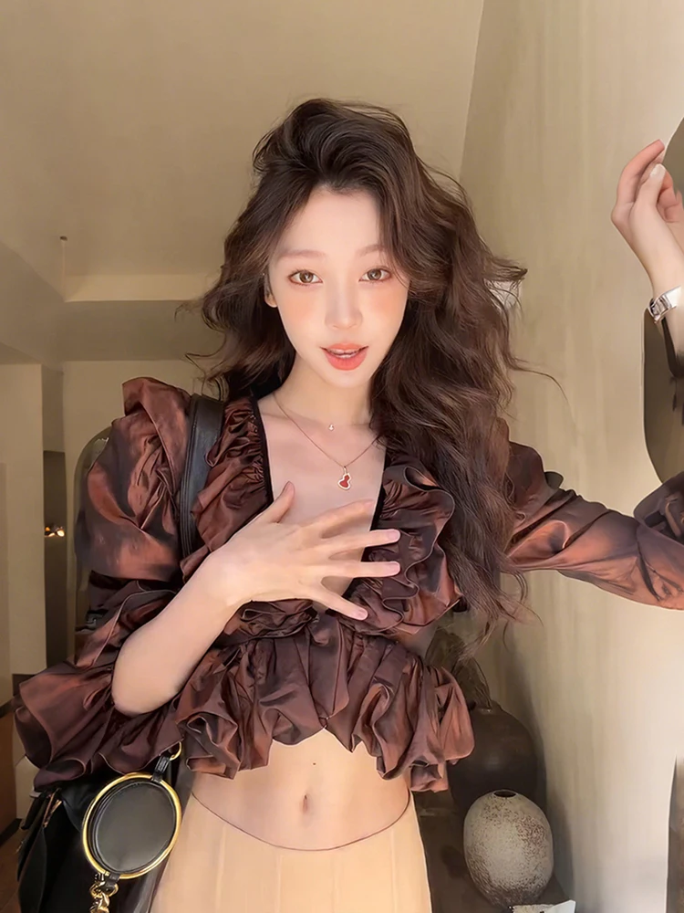 

Nibber весенняя новая трендовая футболка женская сексуальная с глубоким v-образным вырезом и пышными рукавами с рюшами и рюшами в стиле пэчворк элегантная отпускная вечеринка Tess