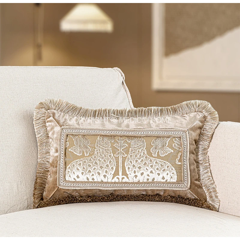 Medicci Home Venetian Velvet Woven Lion Dog Decorative Cushion Cover Luxury Italian Elegance Pillowcase With Beige Fringe Border