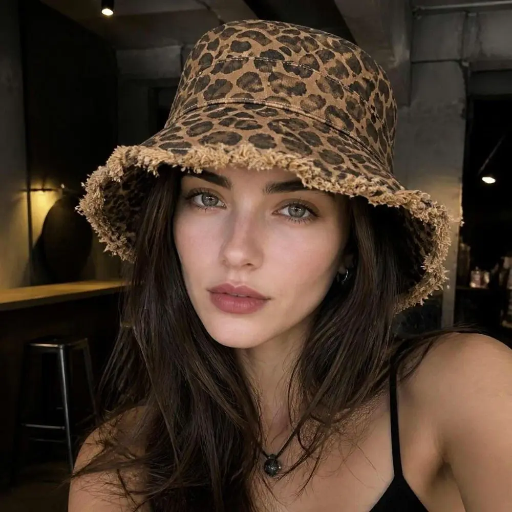 Large Brim Women's Fisherman Hat Leopard Print Distressed Washed Bucket Hat Rough Edge Folding Sun Protection Hat Travel Use
