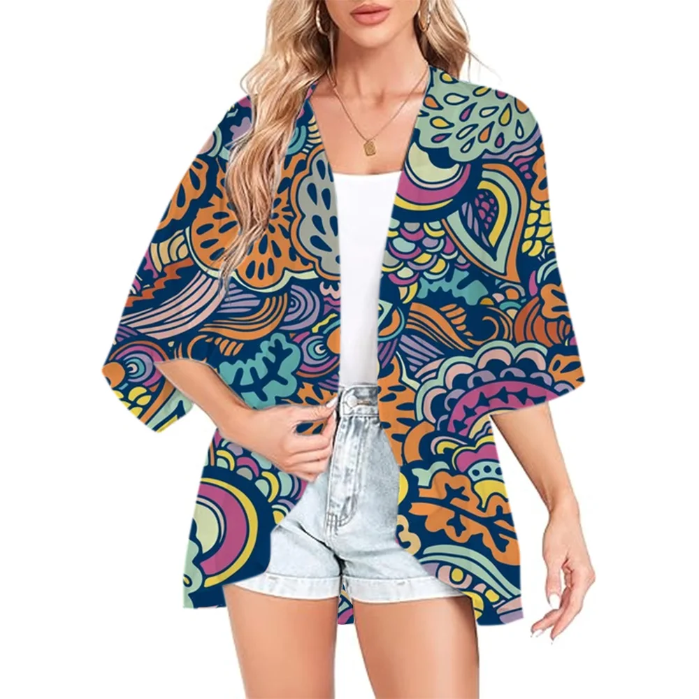 Summer Blouse Chiffon Jacket Fashion Street Breathable Short Sleeve Swimwear Printed Graffiti Hawaiian Bohemian Chiffon Top