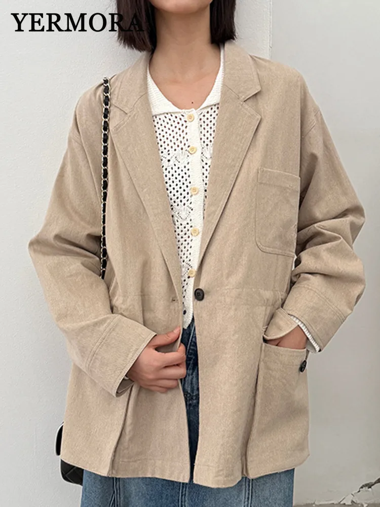 

YERMORA Apricot Linen Pocket Brief Casual Blazer For Women Lapel Long Sleeve Loose New Jacket Fashion Tide Spring Autumn 2025
