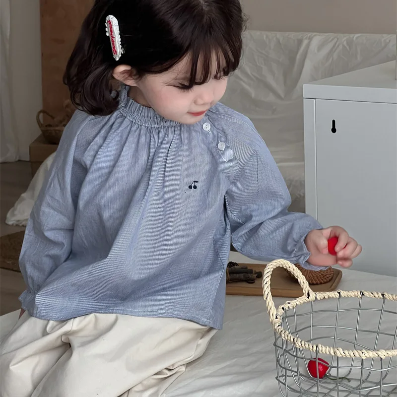 Xifan Autumn New Children's Striped Embroidered Shirt for Girls Japanese Style Elegant Fresh Slanted Placket Shirt