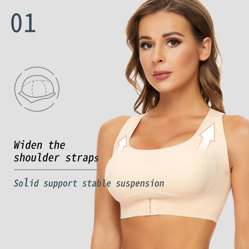 Women’s Front Closure Bras Full Coverage Seamless Bra No Underwire Lift Bra with X Strap Shaper Support Top