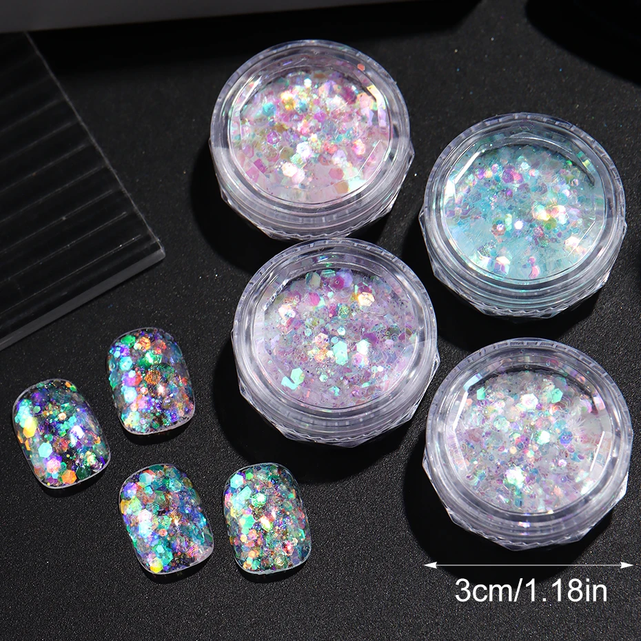 4 個虹色マーメイドネイルスパンコールグリッターフレークピンクブルーオーロラパウダーネイルアートグリッターネイルチャーム装飾マニキュア