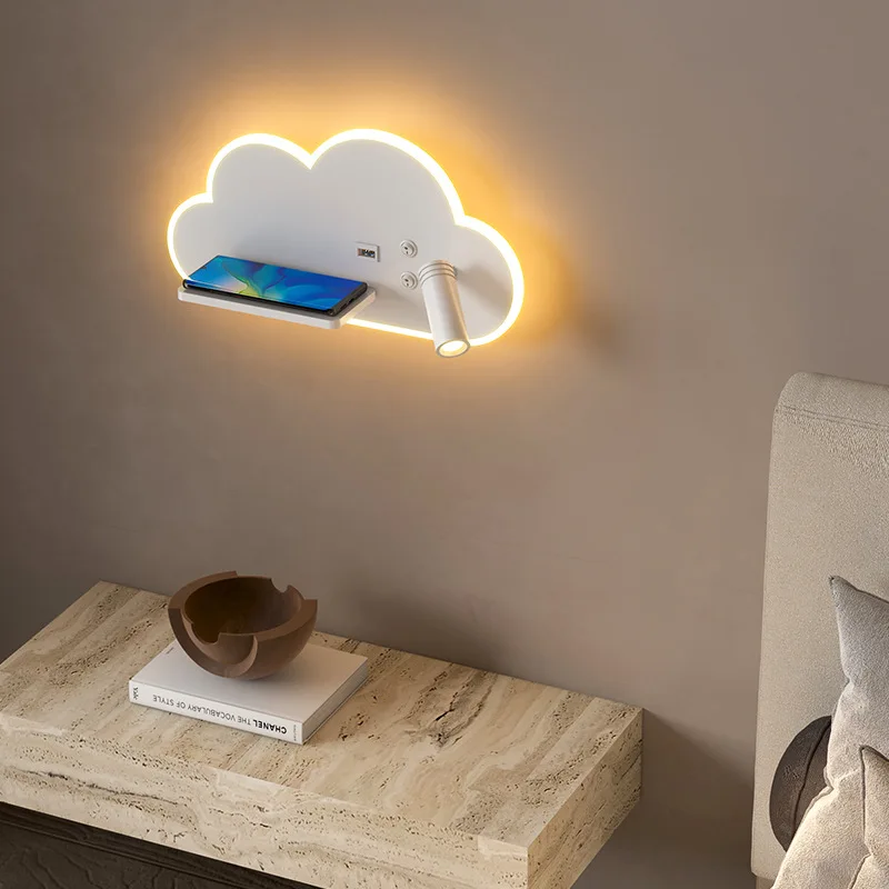 Lâmpada de cama LED multifuncional com telefone USB, interruptor de carregamento sem fio, luz de parede, lâmpadas de leitura