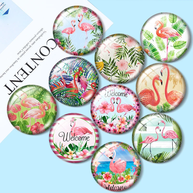 New flamingo color picture flowers 10pcs Glass Cabochons 12mm Round Photo Glass12mm/18mm Cabochon Demo Flat Back Making Findings