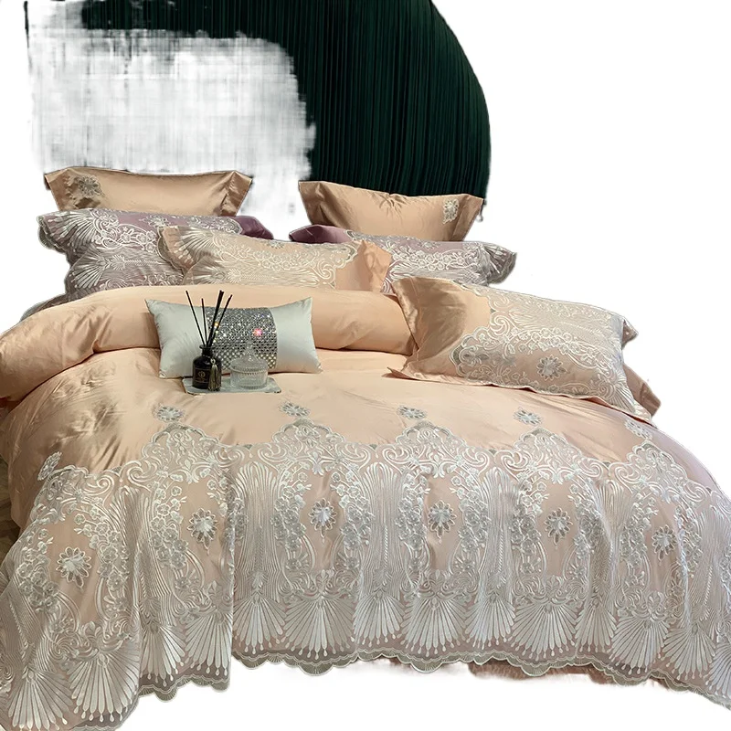Korean lace girl high-end 120 long-staple cotton satin silk cotton four-piece set model room bedding