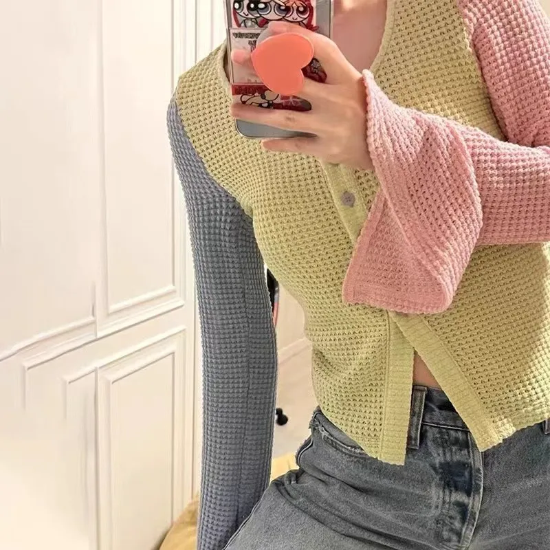 Karrram Korean Fashion Patchwork Cardigans Hollow Out Lazy Style Full Sleeve Knit Sweater Y2k Aesthetics Chic Designer Clothes