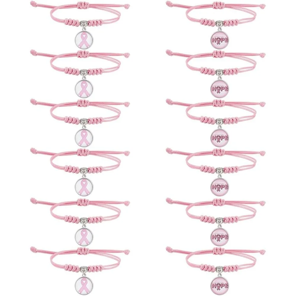 12 Pcs 2 Styles Pink Ribbon Braided Bracelets, Breast Cancer Awareness Glass Charms Bracelet Adjustable Bracelet for Women