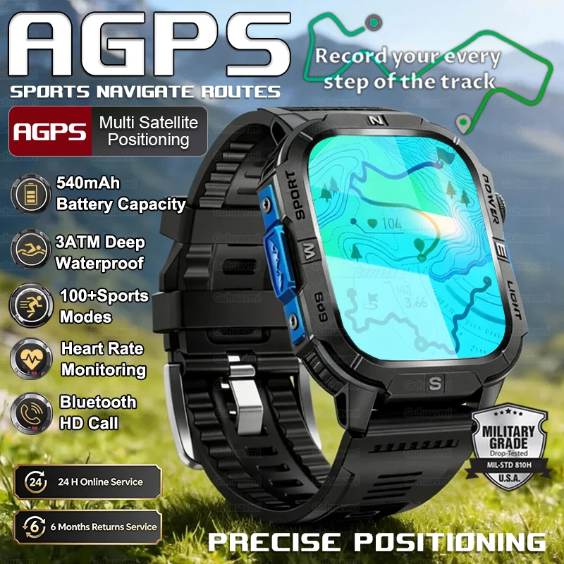 

2026 Military outdoor Sports SmartWatch Fitness Clock Men Dual-Band AGPS Compass Flashlight Call Waterproof Smart Watch For man