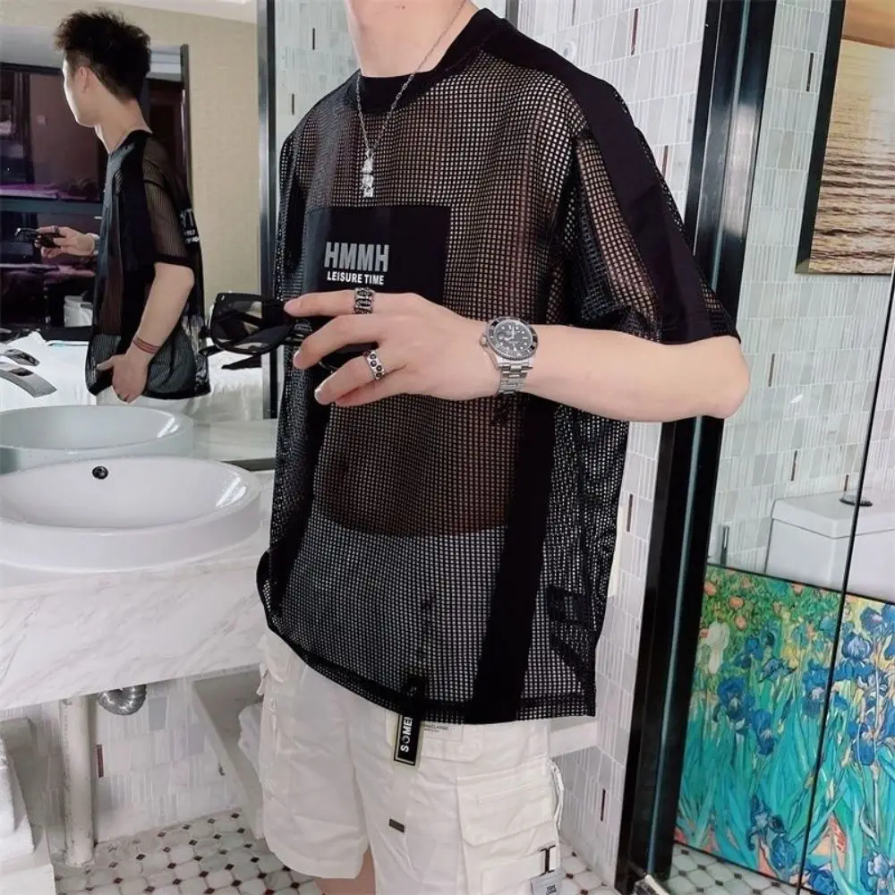 Summer Korean Version Of The Trendy Grid Hollow Printing Short-Sleeved Trendy Men\'s Fashion All-match Personality Half-Sleeves