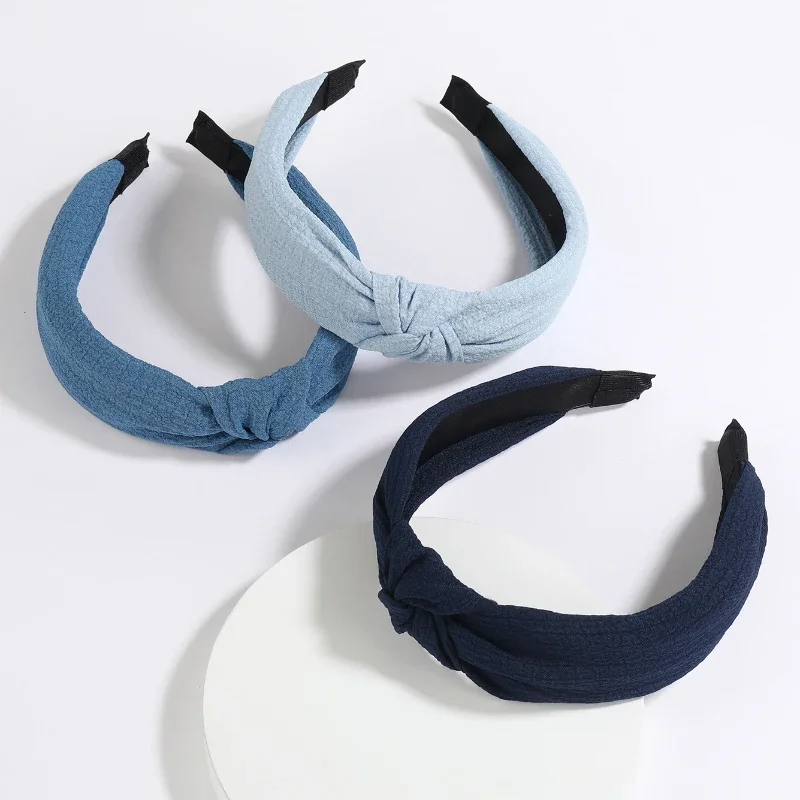 3PCS Blue Fabric Knot Hairband Women Hundreds of Solid Colours Stretch Wide Crimp Hair Headband Four Seasons Fashion Blue Tricol