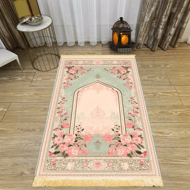 VIKAMA Rosa-Grüner Blumenbogen-Design Gebetsteppich Muslimischer Gebetsteppich für Tragbaren Teppich für Schlafzimmer Wohnzimmer Reise-Dekoration