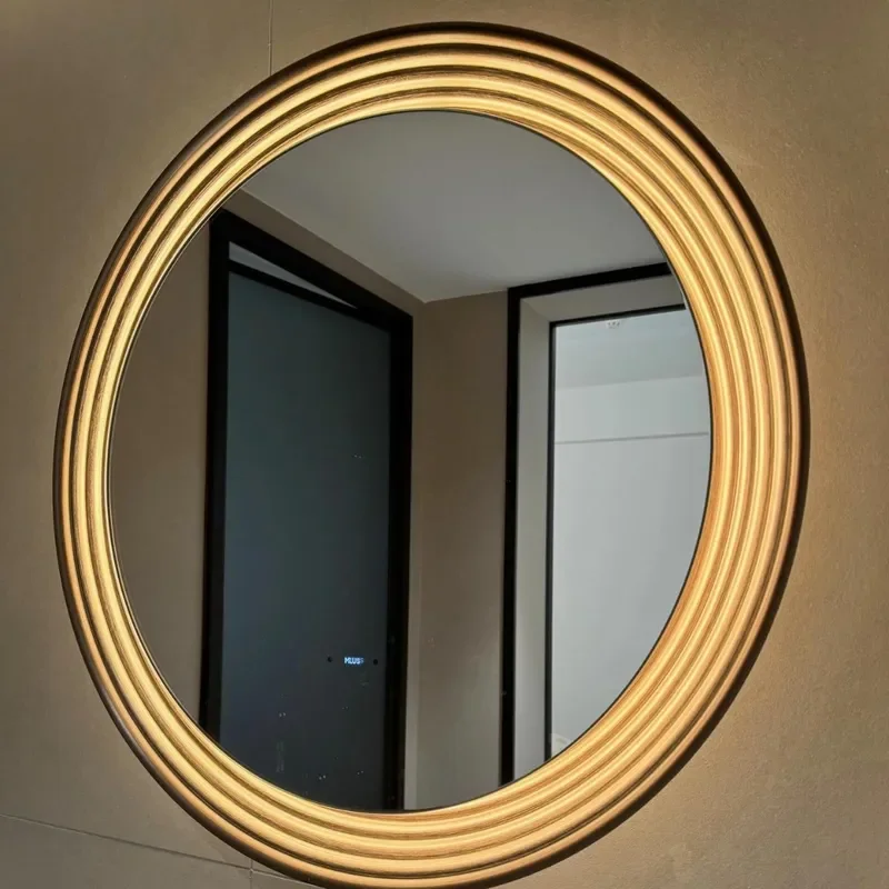 Luxury Aluminum Alloy Round Wall Mounted Washstand with Touch Control Anti Fog Mirror and Integrated Lamp Designer Bathroom