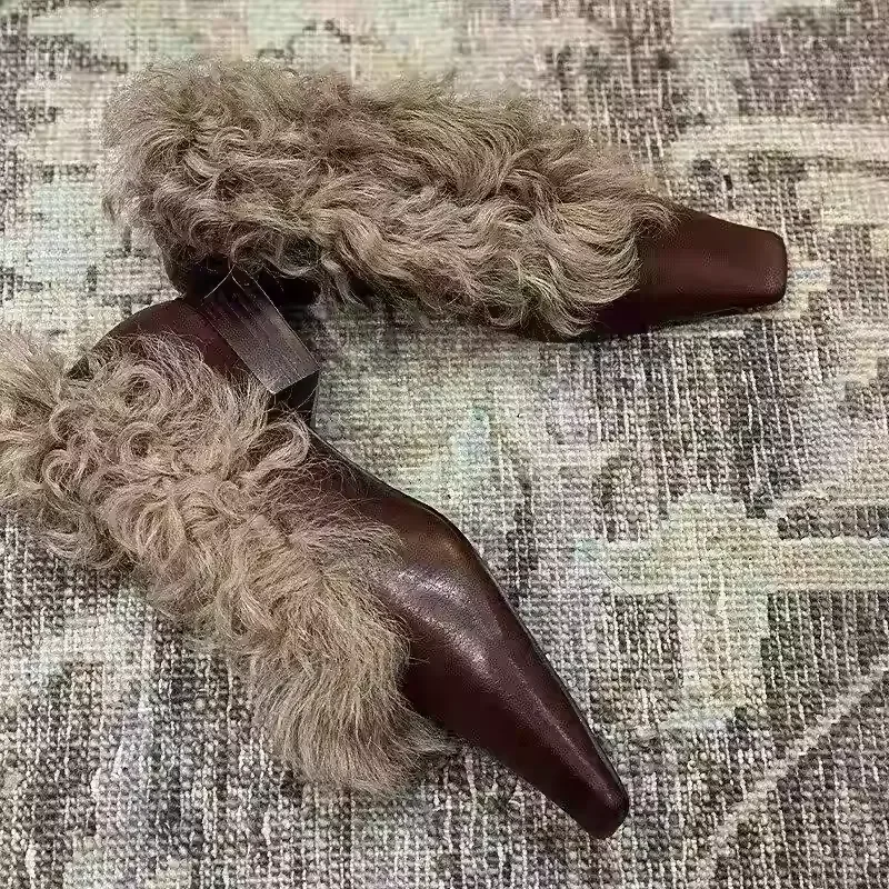 

Brown Fur Luxury Retro Loafers Auntumn New Style Pointed Toe Chunky Heels Slip On Casual Women Leather Fashion Pumps