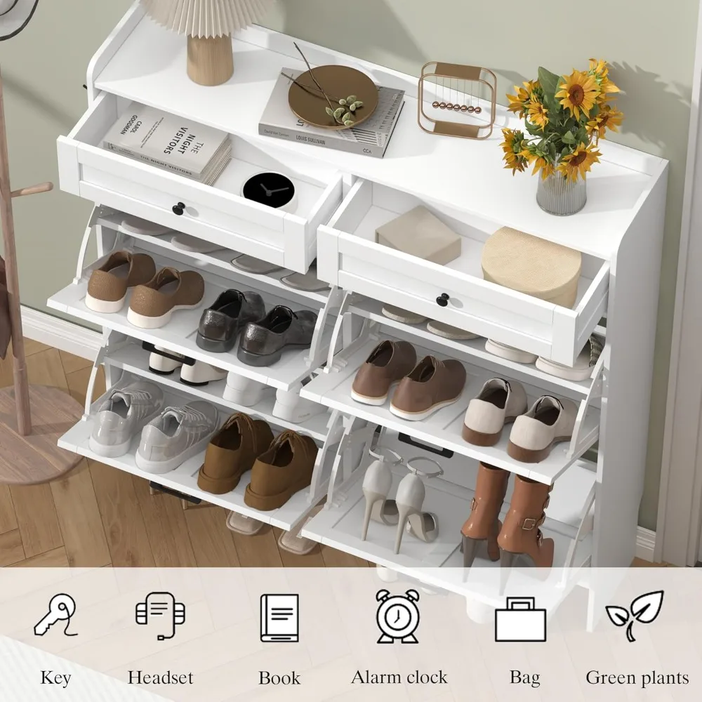 خزانة أحذية على طراز المزرعة الريفية مع 4 أدراج قابلة للطي ودرجين تخزين، ورف منظم أحذية ضيق ونحيف للمنزل #5