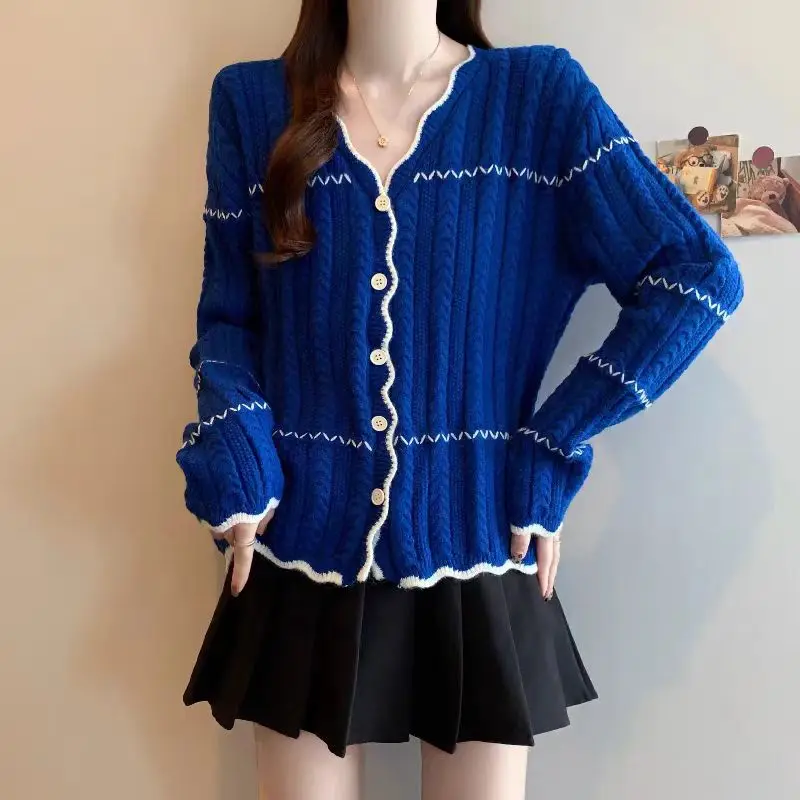 Contrast Color Striped Knitted Cardigan Women Sweater Autumn Winter V-neck Long Sleeve Simple Design Korean Base Navy White Tops