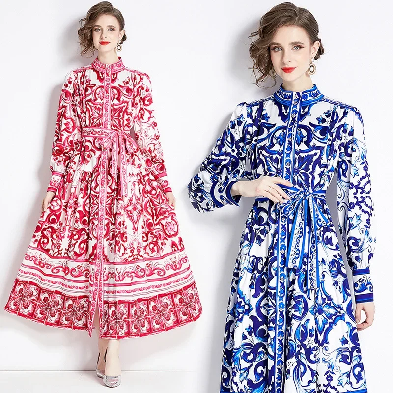 

Runway Red Blue And White Porcelain Print Holiday Maxi Dress Women's Stand Single Breasted Loose Lace Up Belt Long Robe Vestido