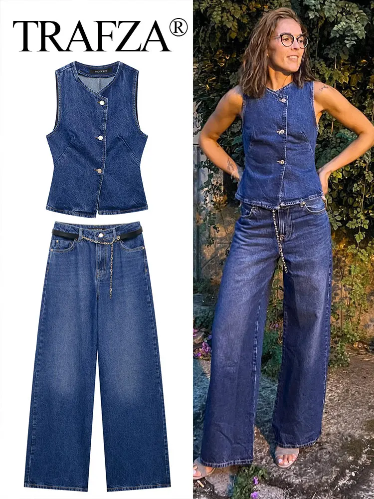 TRAFZA 2024 Summer Women Fashion Denim Trousers Set New V Neck Short Vest Top + Commute Office Lady Female Wide Leg Long Pant