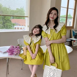 Mother Daughter Matching Outfits Summer Korean Style Dresses Cute Yellow Pink Dress Family Matching Clothes Kids Fashion Dress