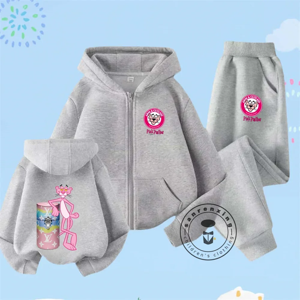 2025 New Les Pink Panther Girls Kids Zipper Hoodie Set 3-14 Spring Girls Boys Birthday Gift Fashion Casual Hoodie + Pants