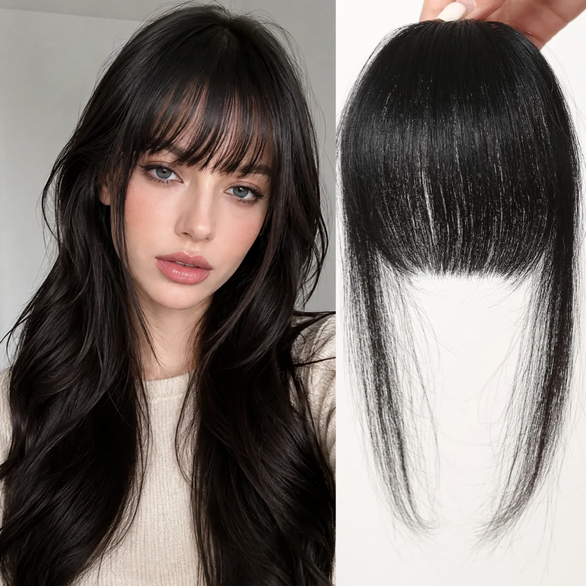 100% Human Hair Natural Black Bangs Clip in Fringe Hairpiece with Edge Layers 3D Bangs for Women Daily Wear Natural Look