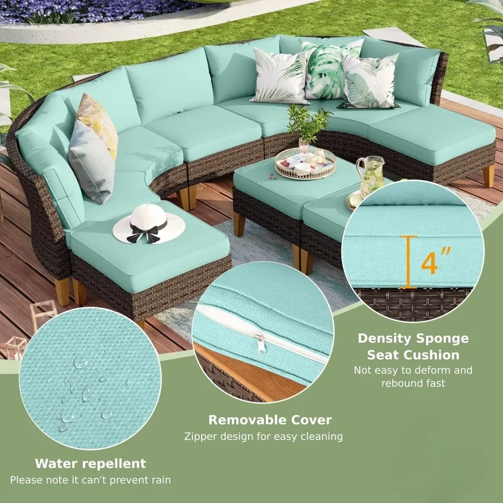 7 Piece Oversized Wicker Patio Furniture Set, All Weather Rattan Outdoor Half Moon Curved Modular Sofa Set for Garden, Backyard