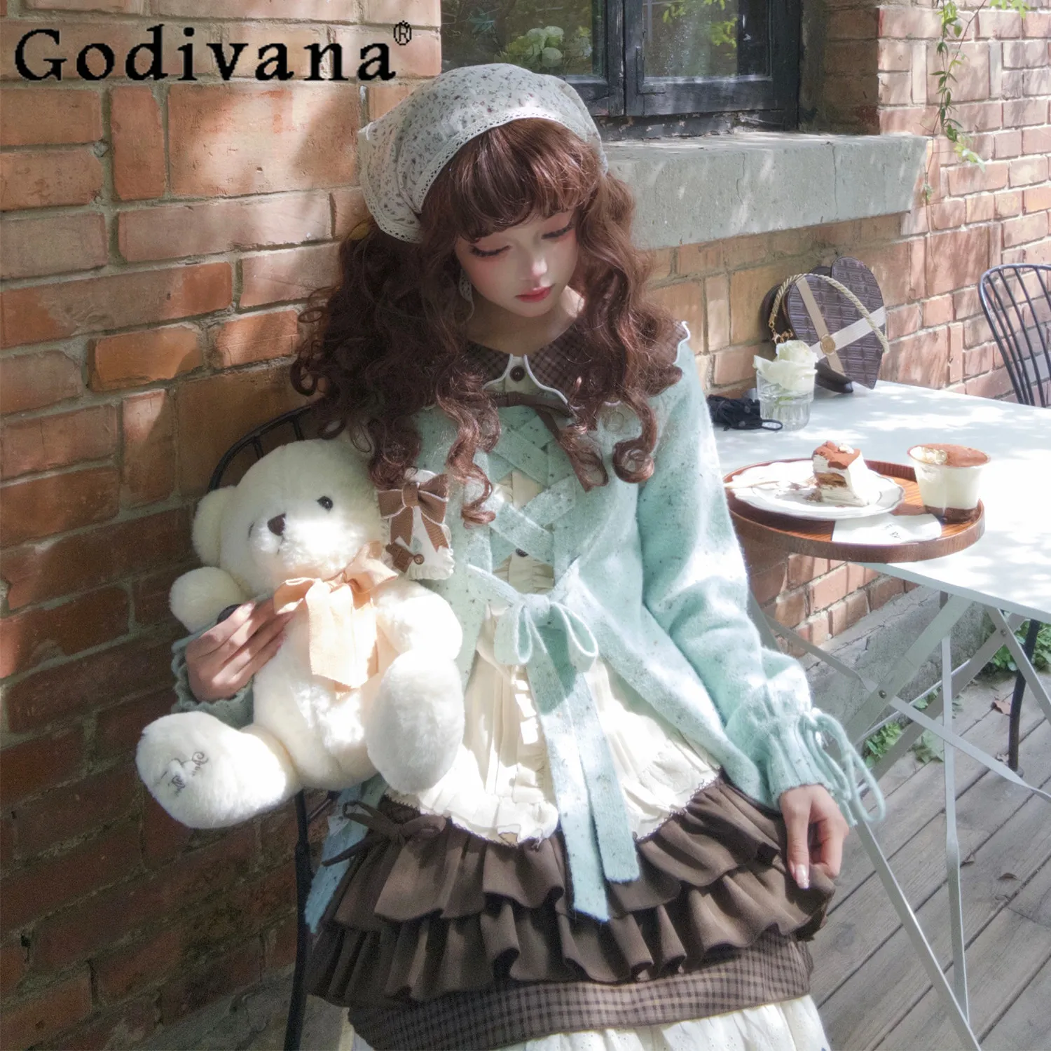 

Spring New Sweet Girl's Kawaii Outfit Women's Slim-Fit Lolita Long Sleeve Shirt Cake Skirt Knit Top Sweater 3-Piece Set 2026