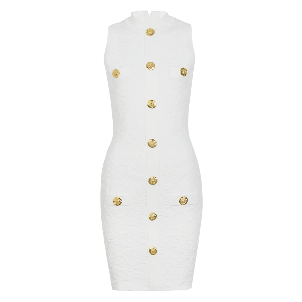 

2698 Summer Women Sleeveless Knitted Dress Gold Button Decor Embossed Pattern High Quality Elegant Celebrity Fashion Outfit